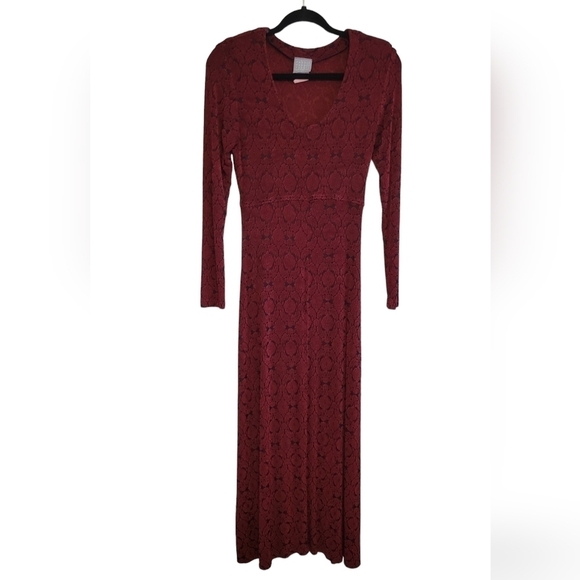 Vintage 90s Whimsigoth Red Black Damask Slinky Bodycon Maxi Dress sz 10 - Picture 2 of 7